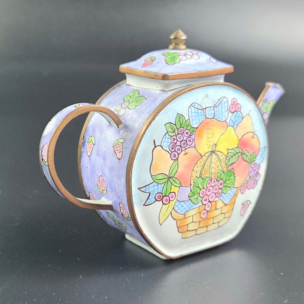 Miniature Enameled Teapot – Fruit Basket Design – 3.5" Tall